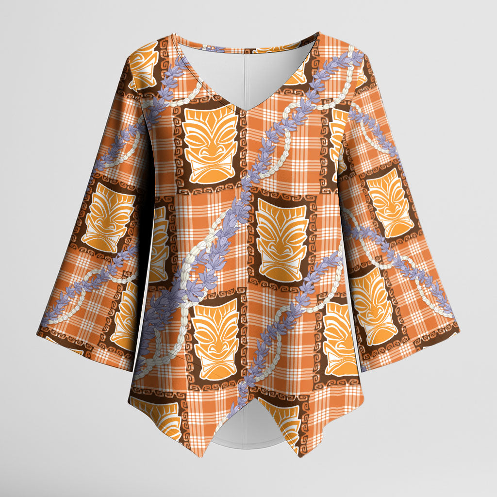 Aloha Hawaii Tiki Palaka Motifs Kimono Sleeve Blouse Honohono Lei Orange Elegant Vibes LT14 Female Orange - Polynesian Pride