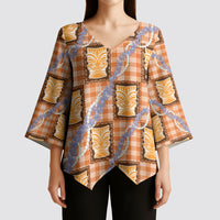 Aloha Hawaii Tiki Palaka Motifs Kimono Sleeve Blouse Honohono Lei Orange Elegant Vibes LT14 - Polynesian Pride