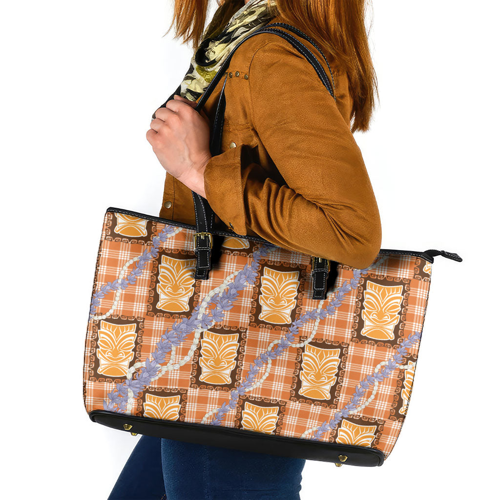 Aloha Hawaii Tiki Palaka Motifs Leather Tote Bag Honohono Lei Orange Elegant Vibes LT14 Orange - Polynesian Pride