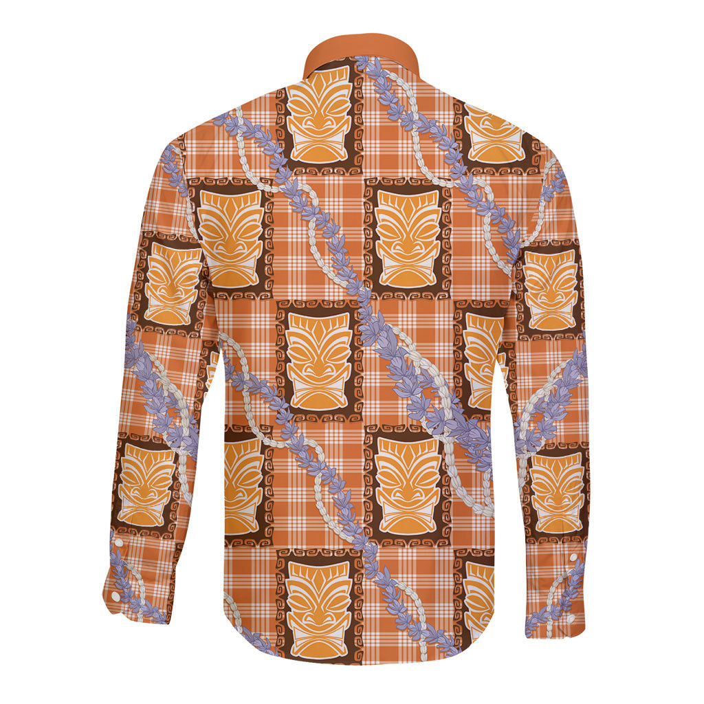 Aloha Hawaii Tiki Palaka Motifs Long Sleeve Button Shirt Honohono Lei Orange Elegant Vibes LT14 - Polynesian Pride