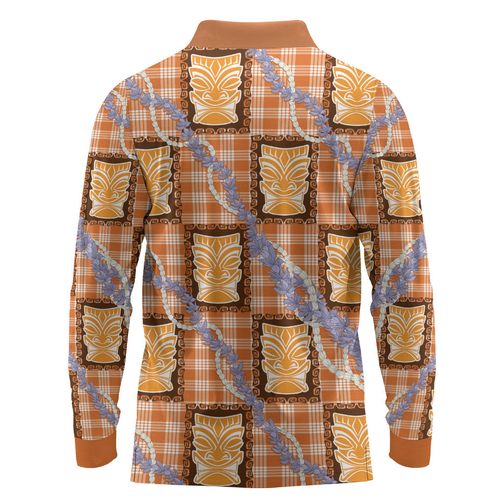 Aloha Hawaii Tiki Palaka Motifs Long Sleeve Polo Shirt Honohono Lei Orange Elegant Vibes LT14 - Polynesian Pride