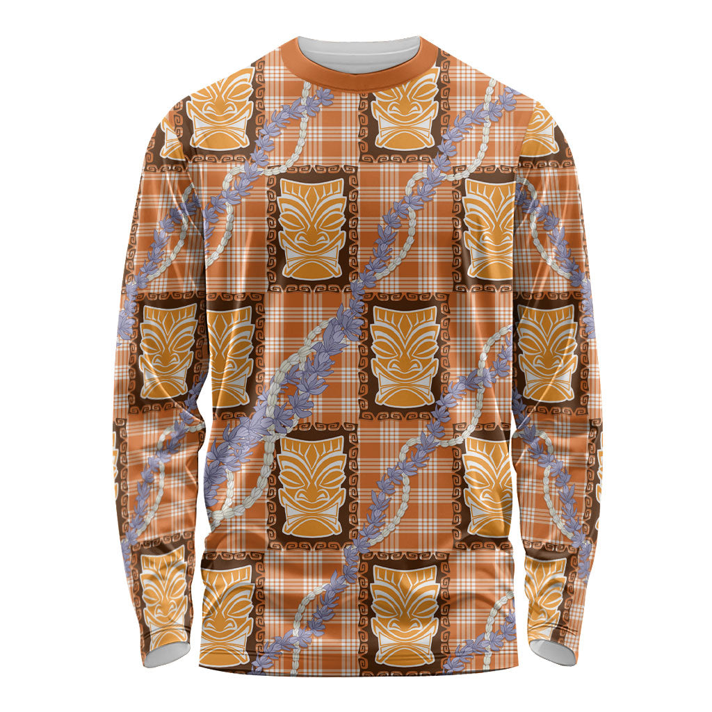 Aloha Hawaii Tiki Palaka Motifs Long Sleeve Shirt Honohono Lei Orange Elegant Vibes LT14 Unisex Orange - Polynesian Pride