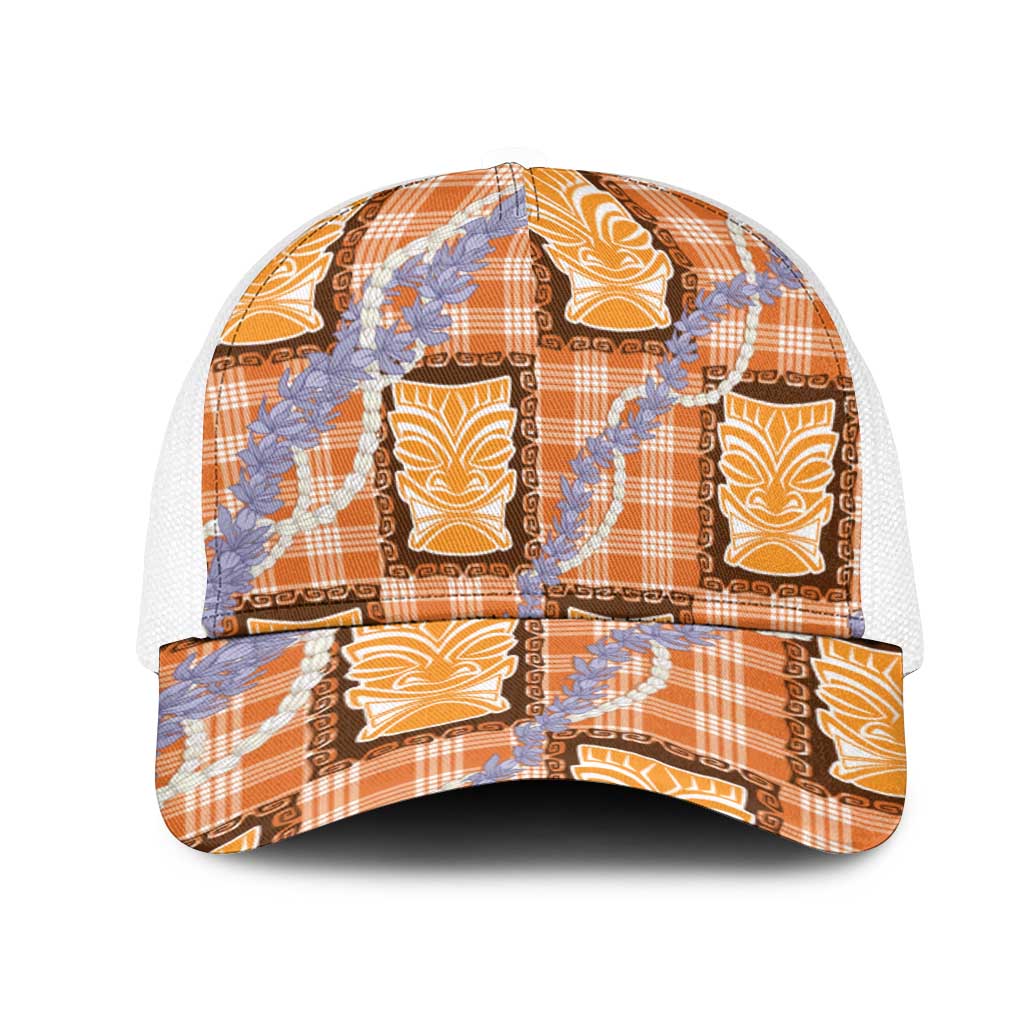 Aloha Hawaii Tiki Palaka Motifs Mesh Trucker Cap Honohono Lei Orange Elegant Vibes LT14 One Size White Orange - Polynesian Pride