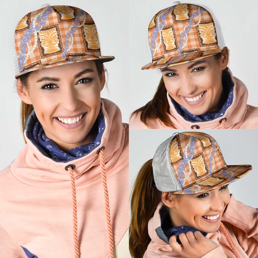 Aloha Hawaii Tiki Palaka Motifs Mesh Trucker Cap Honohono Lei Orange Elegant Vibes LT14 - Polynesian Pride
