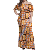 Aloha Hawaii Tiki Palaka Motifs Off Shoulder Maxi Dress Honohono Lei Orange Elegant Vibes LT14 Women Orange - Polynesian Pride
