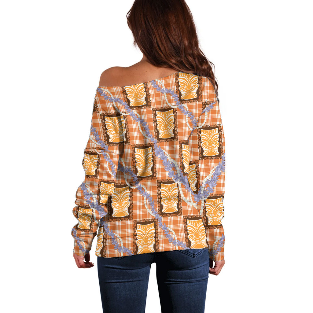 Aloha Hawaii Tiki Palaka Motifs Off Shoulder Sweater Honohono Lei Orange Elegant Vibes LT14 - Polynesian Pride
