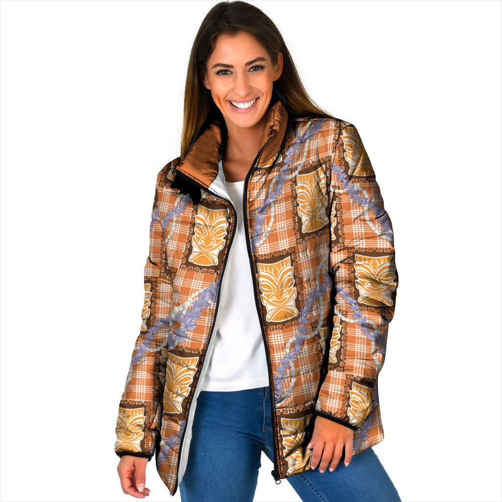Aloha Hawaii Tiki Palaka Motifs Padded Jacket Honohono Lei Orange Elegant Vibes LT14 Women Orange - Polynesian Pride