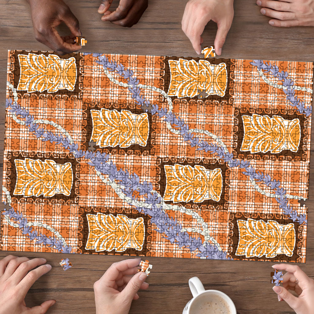 Aloha Hawaii Tiki Palaka Motifs Puzzle Honohono Lei Orange Elegant Vibes