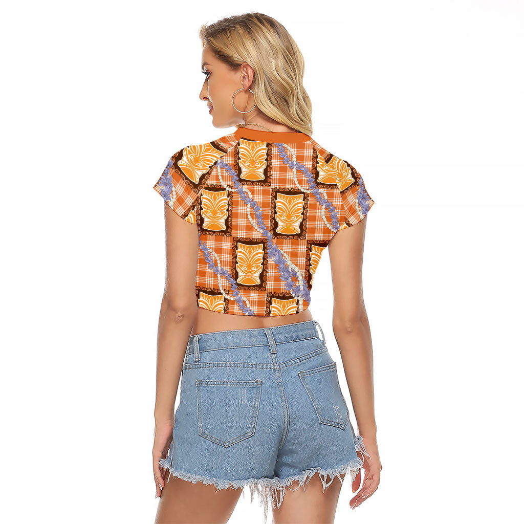 Aloha Hawaii Tiki Palaka Motifs Raglan Cropped T Shirt Honohono Lei Orange Elegant Vibes LT14 - Polynesian Pride