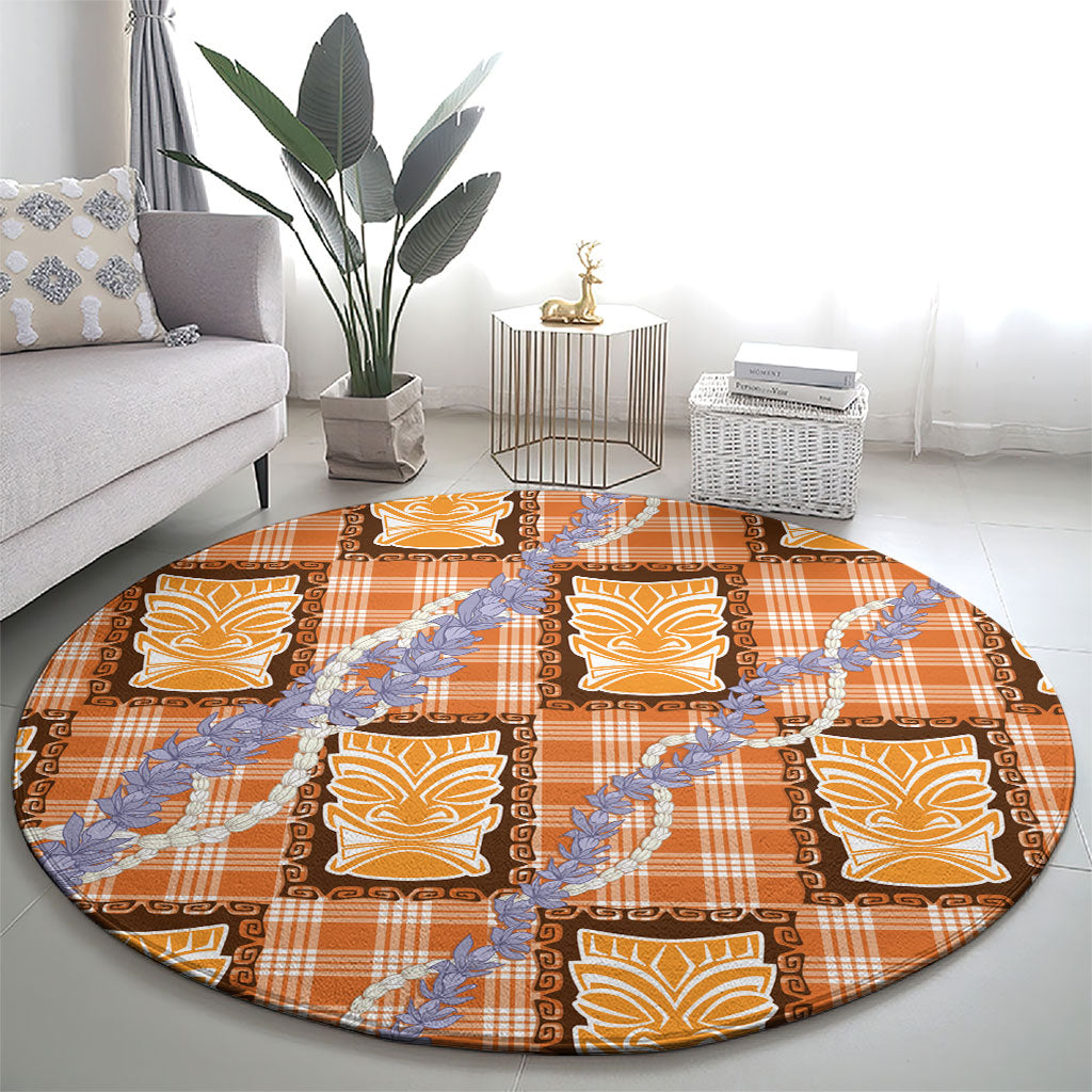 Aloha Hawaii Tiki Palaka Motifs Round Carpet Honohono Lei Orange Elegant Vibes LT14 - Polynesian Pride
