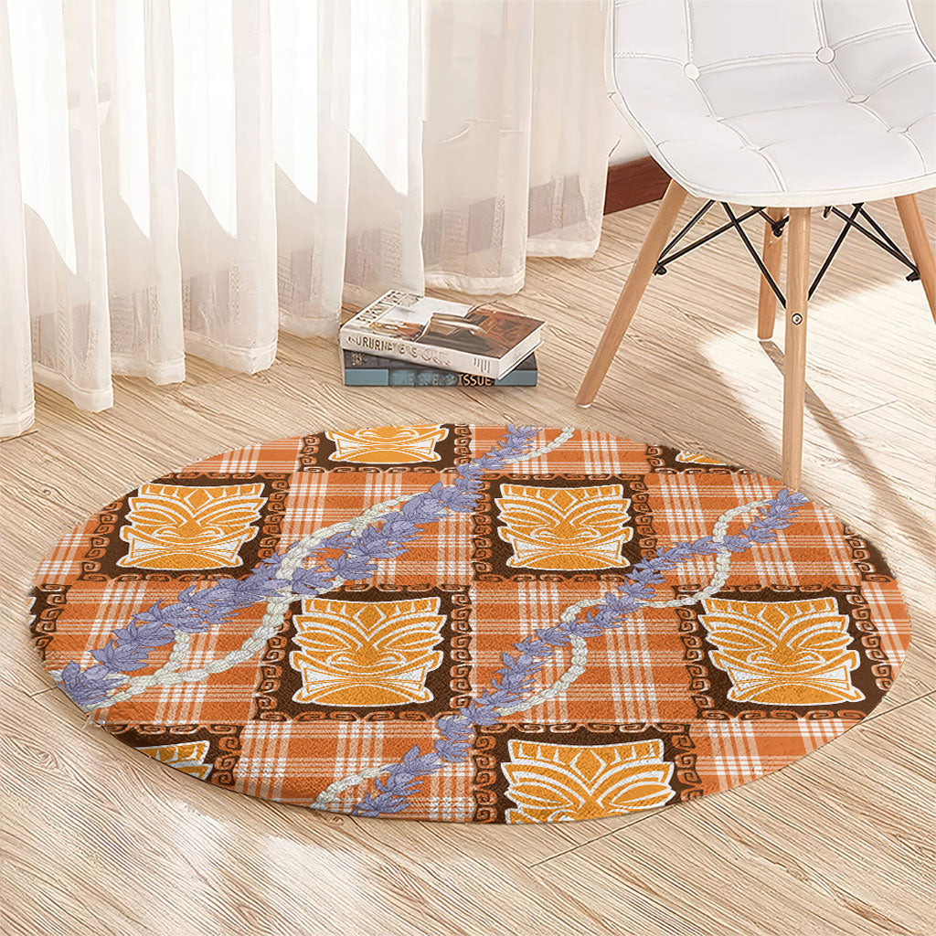 Aloha Hawaii Tiki Palaka Motifs Round Carpet Honohono Lei Orange Elegant Vibes LT14 - Polynesian Pride