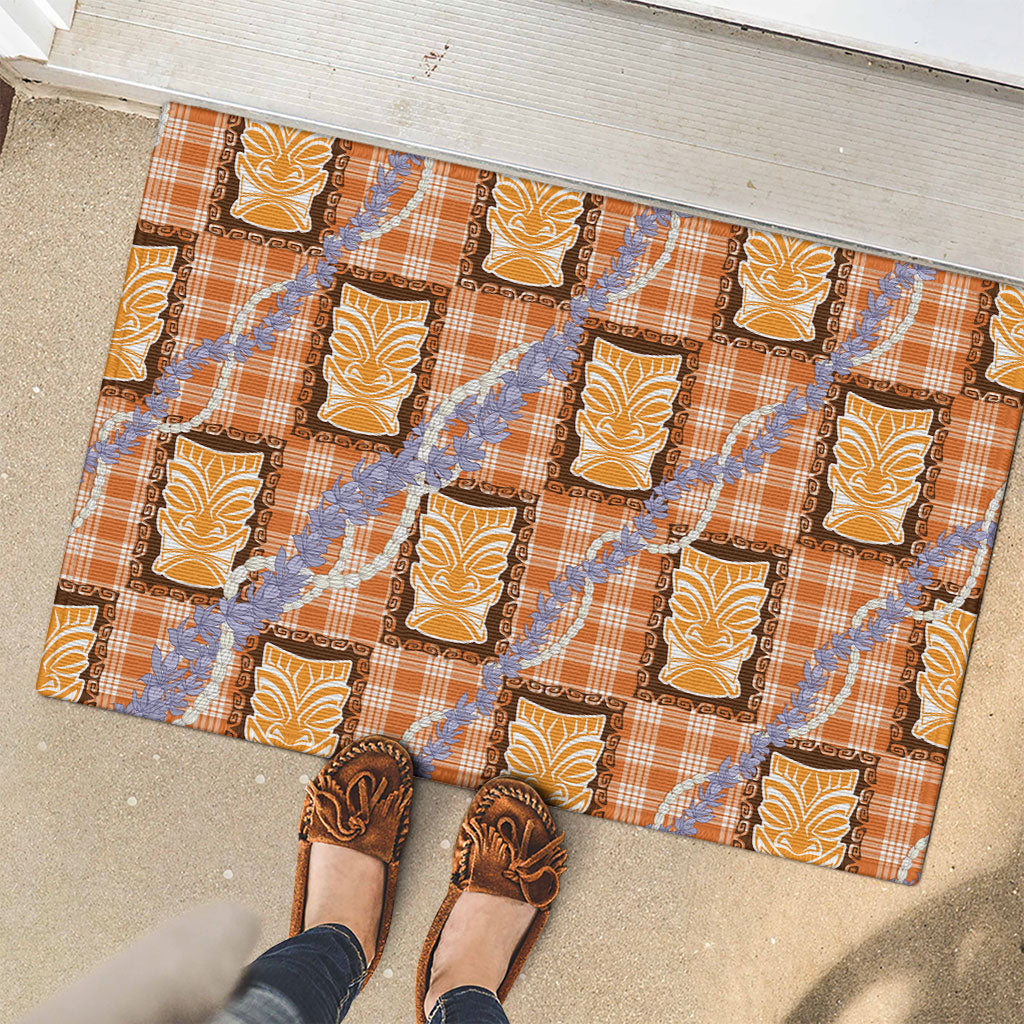 Aloha Hawaii Tiki Palaka Motifs Rubber Doormat Honohono Lei Orange Elegant Vibes LT14 - Polynesian Pride