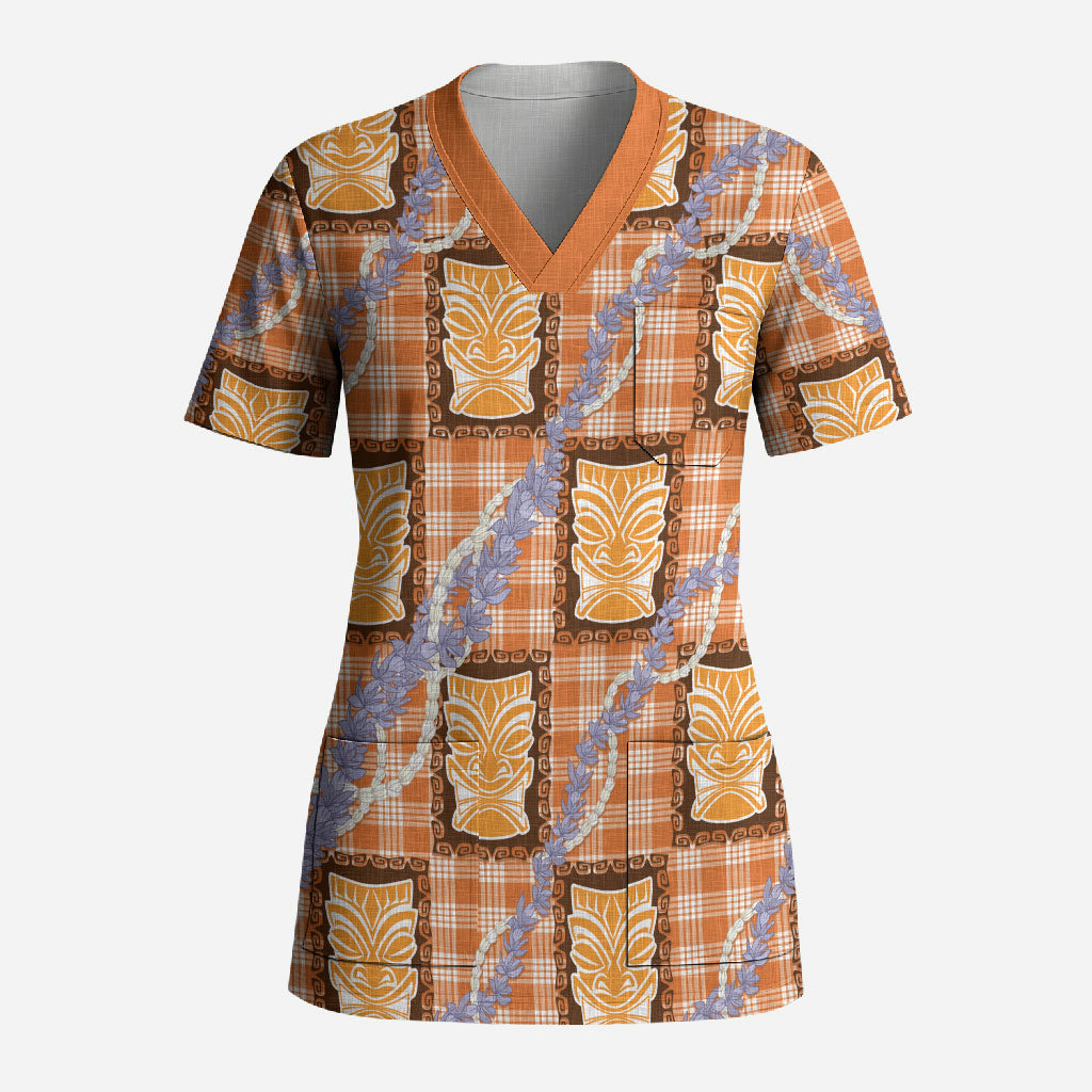 Aloha Hawaii Tiki Palaka Motifs Scrub Top Honohono Lei Orange Elegant Vibes