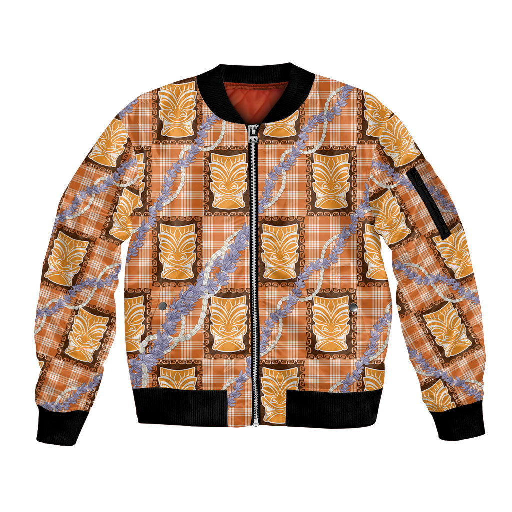 Aloha Hawaii Tiki Palaka Motifs Sleeve Zip Bomber Jacket Honohono Lei Orange Elegant Vibes LT14 Unisex Orange - Polynesian Pride