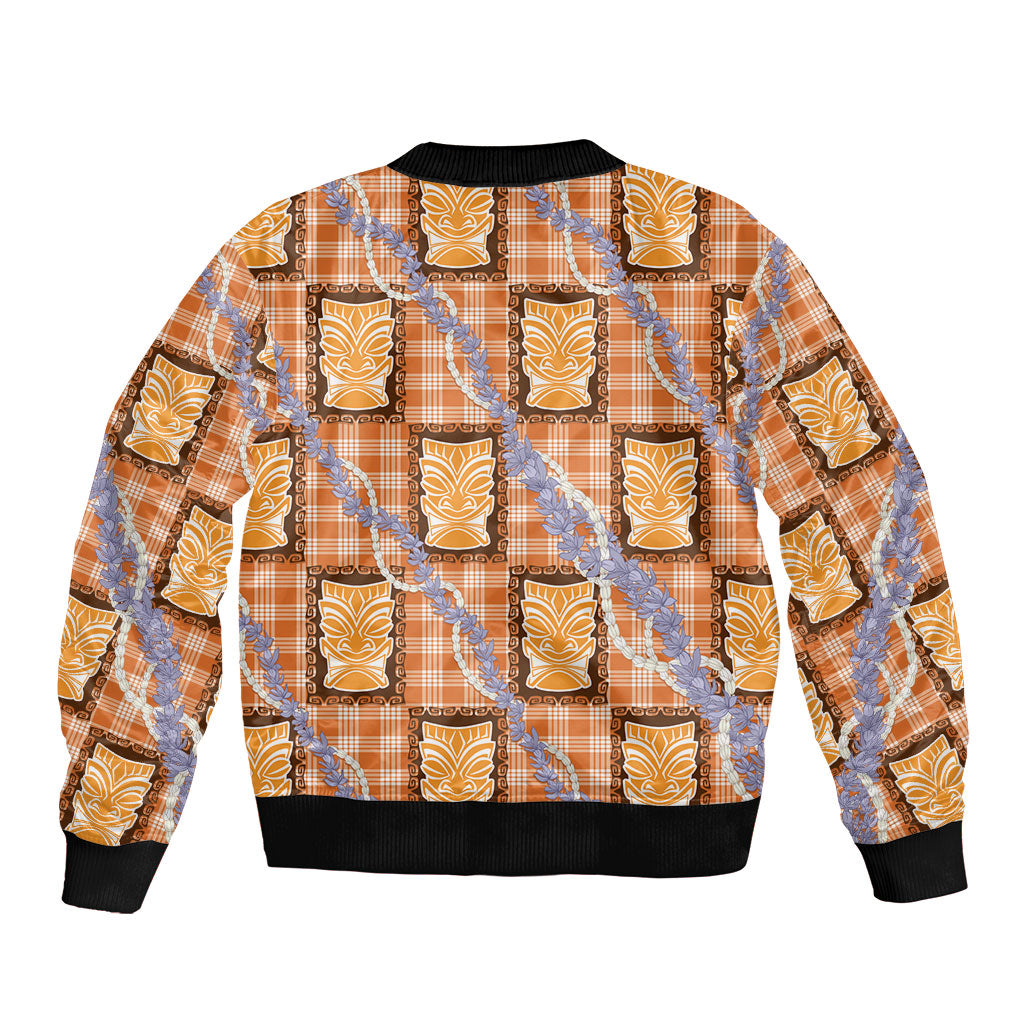 Aloha Hawaii Tiki Palaka Motifs Sleeve Zip Bomber Jacket Honohono Lei Orange Elegant Vibes LT14 - Polynesian Pride