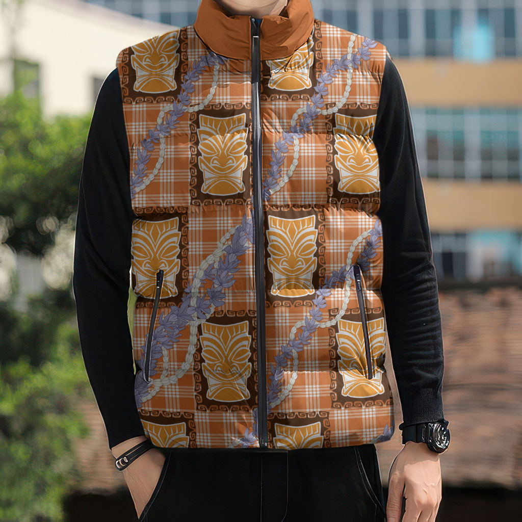 Aloha Hawaii Tiki Palaka Motifs Sleeveless Puffer Jacket Honohono Lei Orange Elegant Vibes LT14 - Polynesian Pride