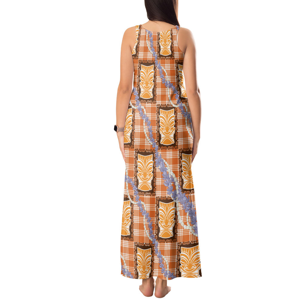 Aloha Hawaii Tiki Palaka Motifs Tank Maxi Dress Honohono Lei Orange Elegant Vibes LT14 - Polynesian Pride