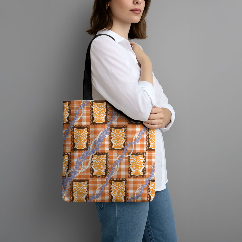 Aloha Hawaii Tiki Palaka Motifs Tote Bag Honohono Lei Orange Elegant Vibes LT14 - Polynesian Pride