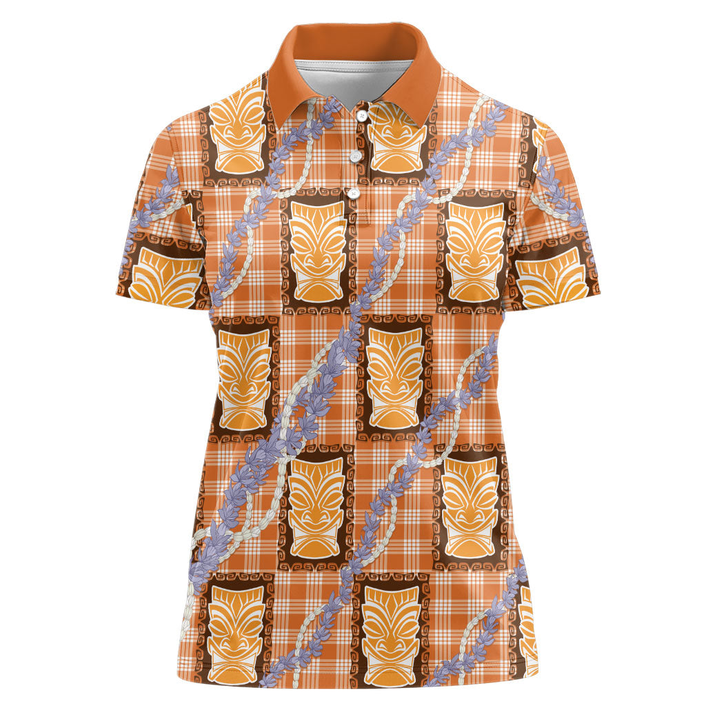 Aloha Hawaii Tiki Palaka Motifs Women Polo Shirt Honohono Lei Orange Elegant Vibes
