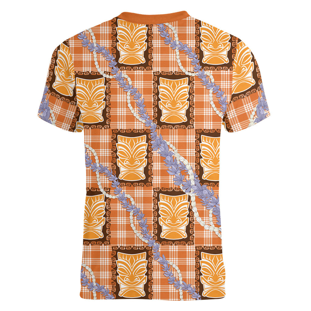 Aloha Hawaii Tiki Palaka Motifs Women V-Neck T-Shirt Honohono Lei Orange Elegant Vibes LT14 - Polynesian Pride