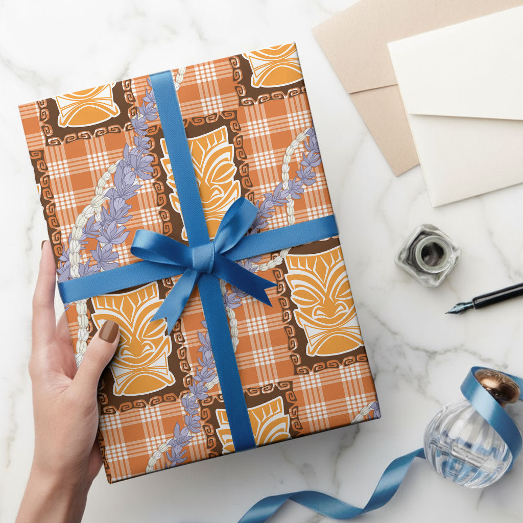 Aloha Hawaii Tiki Palaka Motifs Wrapping Paper Honohono Lei Orange Elegant Vibes LT14 - Polynesian Pride