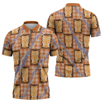 Aloha Hawaii Tiki Palaka Motifs Zipper Polo Shirt Honohono Lei Orange Elegant Vibes LT14 - Polynesian Pride
