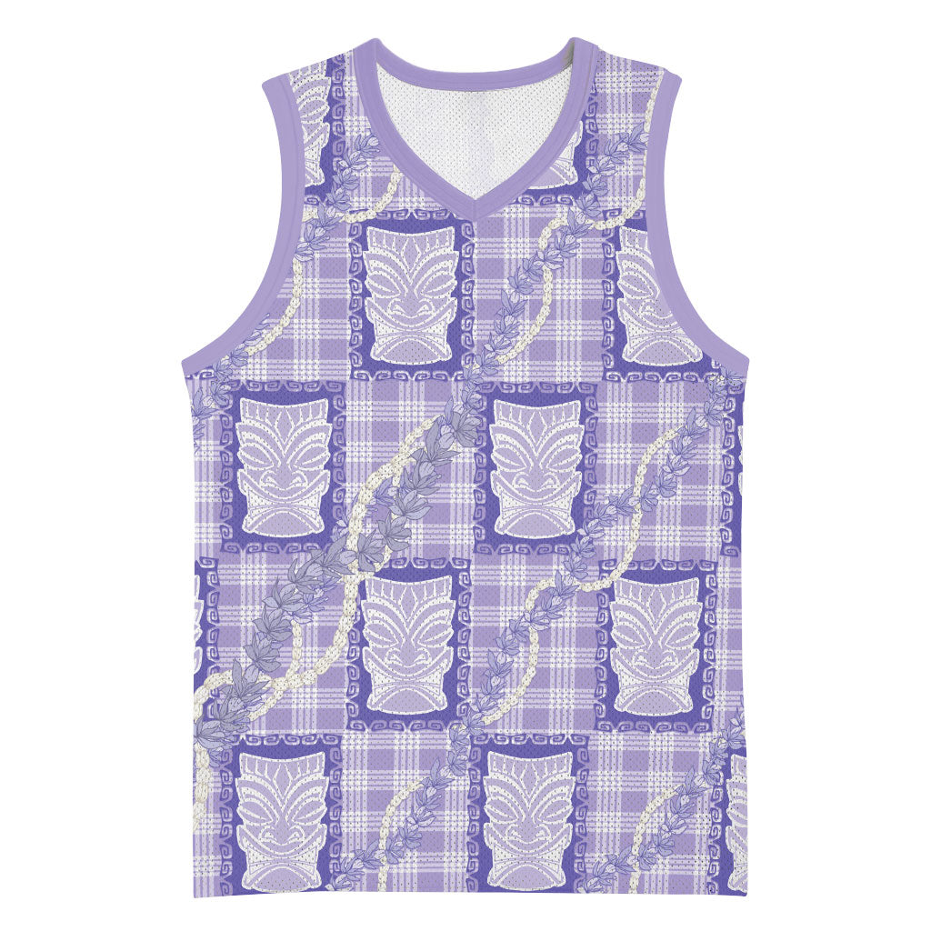 Aloha Hawaii Tiki Palaka Motifs Basketball Jersey Honohono Lei Purple Elegant Vibes