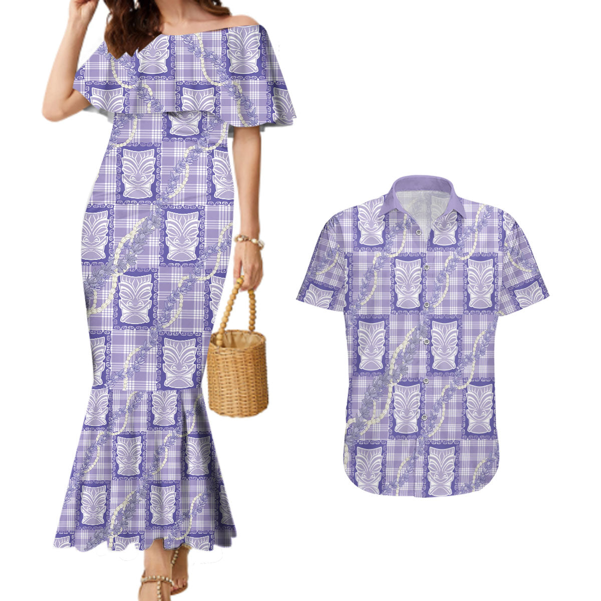 Aloha Hawaii Tiki Palaka Motifs Couples Matching Mermaid Dress and Hawaiian Shirt Honohono Lei Purple Elegant Vibes LT14 Purple - Polynesian Pride