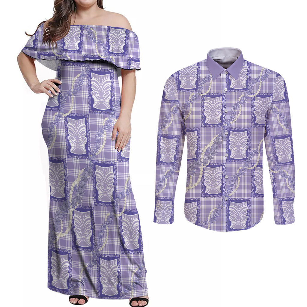 Aloha Hawaii Tiki Palaka Motifs Couples Matching Off Shoulder Maxi Dress and Long Sleeve Button Shirt Honohono Lei Purple Elegant Vibes LT14 Purple - Polynesian Pride