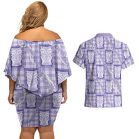 Aloha Hawaii Tiki Palaka Motifs Couples Matching Off Shoulder Short Dress and Hawaiian Shirt Honohono Lei Purple Elegant Vibes LT14 - Polynesian Pride