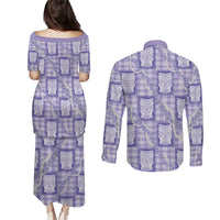 Aloha Hawaii Tiki Palaka Motifs Couples Matching Puletasi and Long Sleeve Button Shirt Honohono Lei Purple Elegant Vibes LT14 - Polynesian Pride