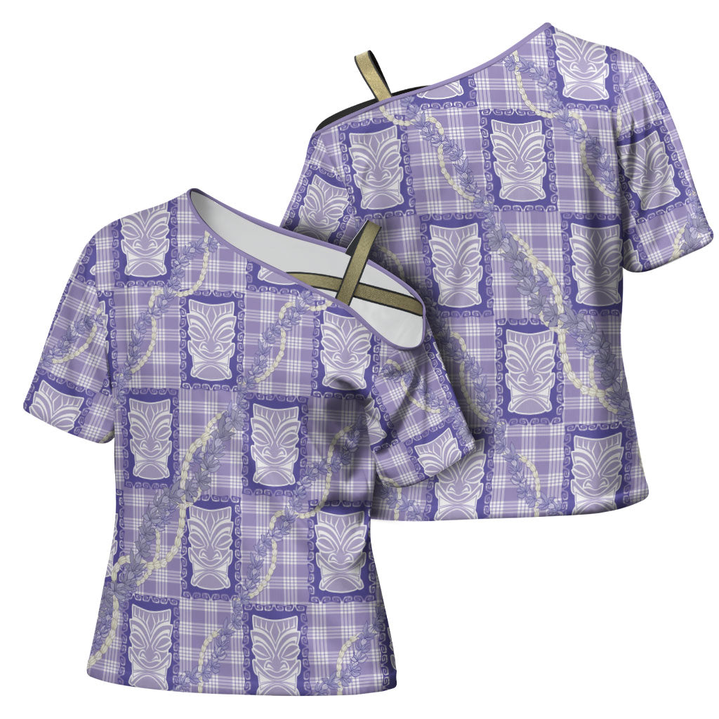 Aloha Hawaii Tiki Palaka Motifs Cross Shoulder Shirt Honohono Lei Purple Elegant Vibes LT14 - Polynesian Pride