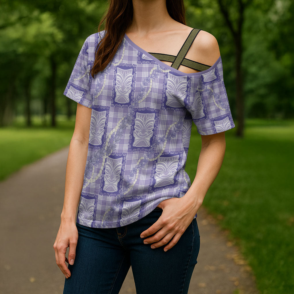 Aloha Hawaii Tiki Palaka Motifs Cross Shoulder Shirt Honohono Lei Purple Elegant Vibes LT14 - Polynesian Pride