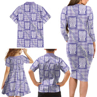 Aloha Hawaii Tiki Palaka Motifs Family Matching Long Sleeve Bodycon Dress and Hawaiian Shirt Honohono Lei Purple Elegant Vibes LT14 - Polynesian Pride