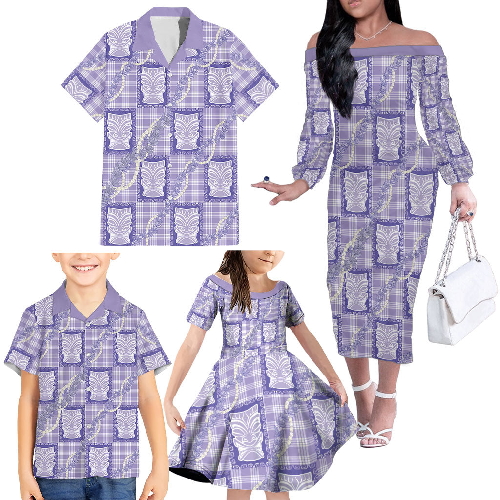 Aloha Hawaii Tiki Palaka Motifs Family Matching Off The Shoulder Long Sleeve Dress and Hawaiian Shirt Honohono Lei Purple Elegant Vibes