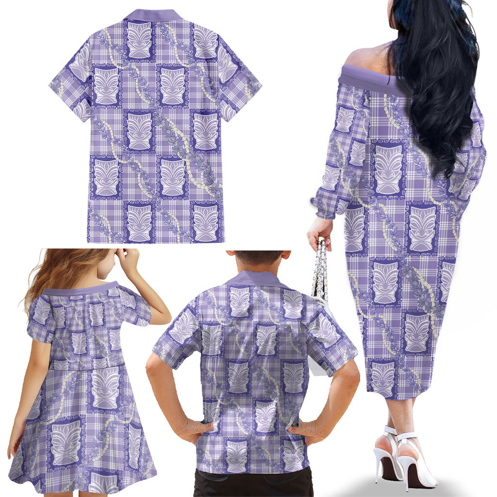 Aloha Hawaii Tiki Palaka Motifs Family Matching Off The Shoulder Long Sleeve Dress and Hawaiian Shirt Honohono Lei Purple Elegant Vibes LT14 - Polynesian Pride