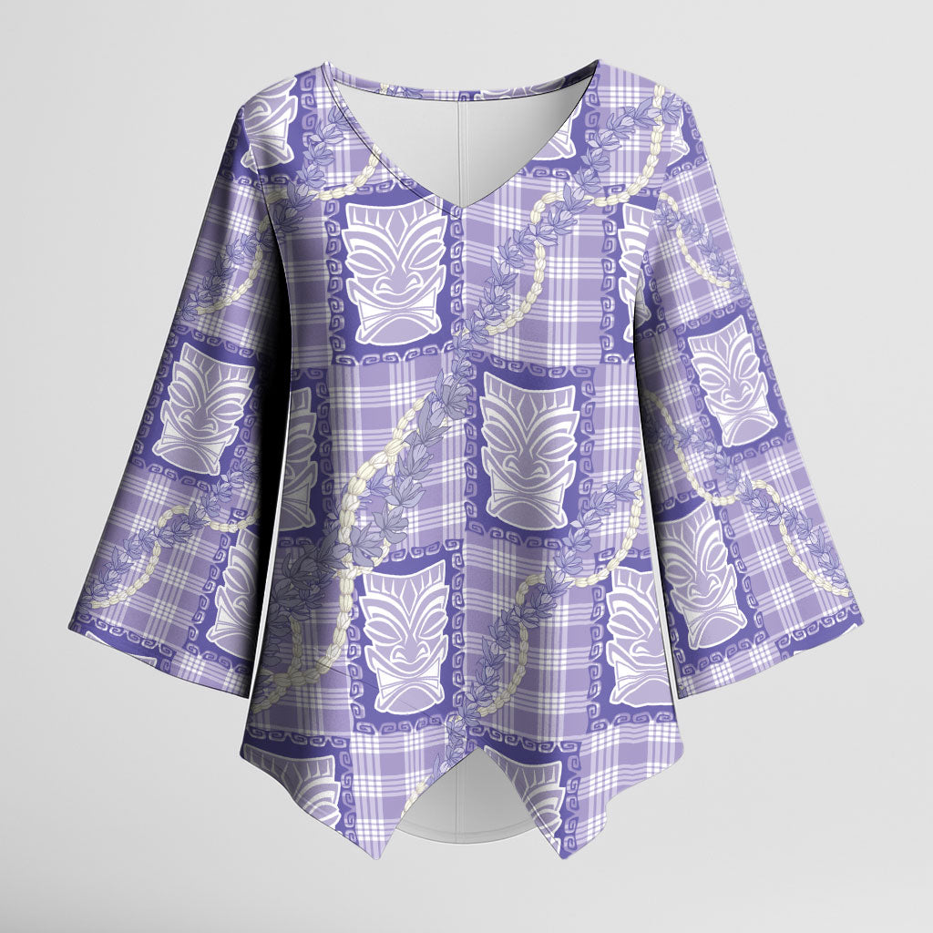 Aloha Hawaii Tiki Palaka Motifs Kimono Sleeve Blouse Honohono Lei Purple Elegant Vibes