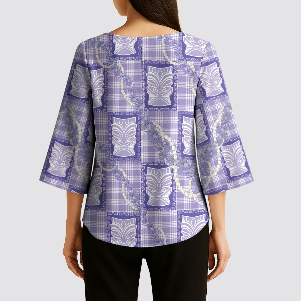 Aloha Hawaii Tiki Palaka Motifs Kimono Sleeve Blouse Honohono Lei Purple Elegant Vibes LT14 - Polynesian Pride