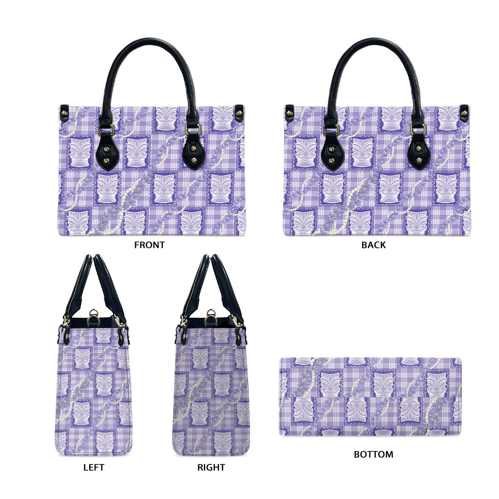 Aloha Hawaii Tiki Palaka Motifs Leather Bag Honohono Lei Purple Elegant Vibes LT14 - Polynesian Pride