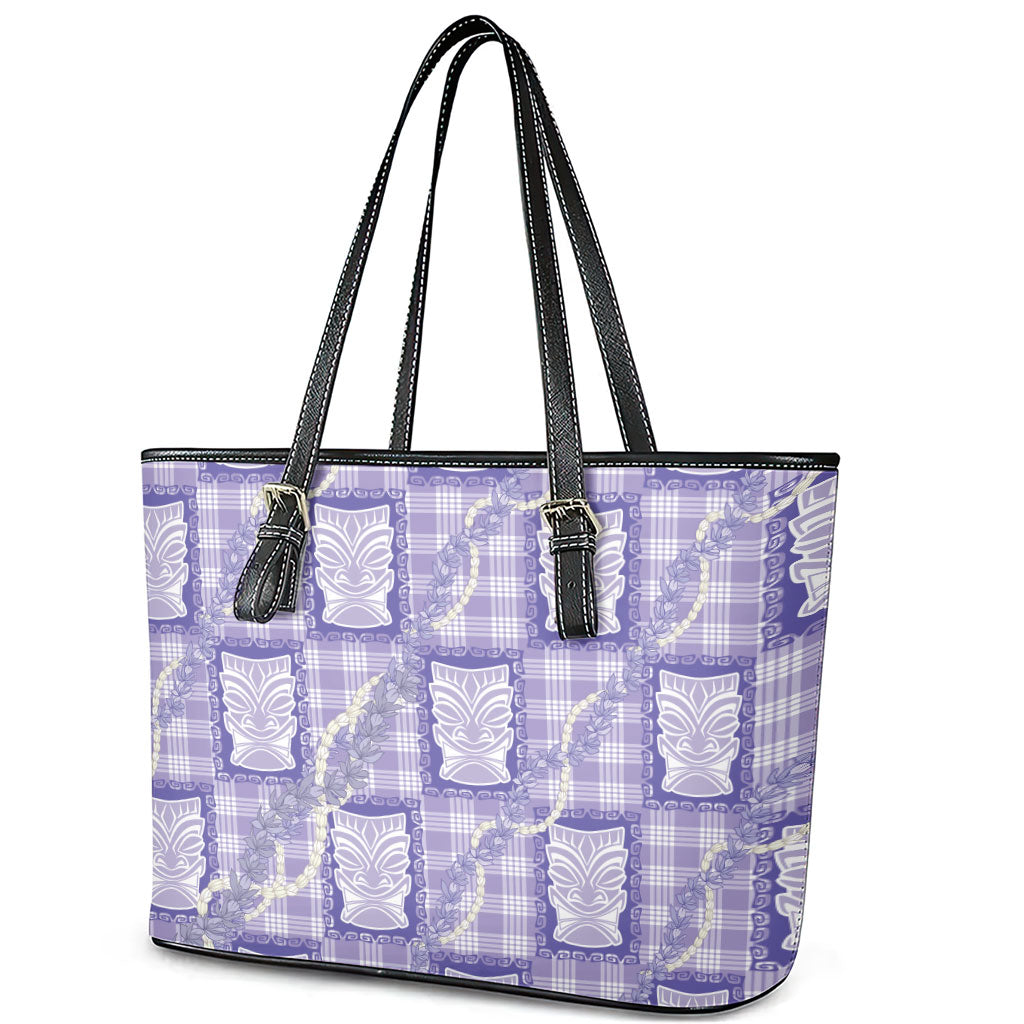 Aloha Hawaii Tiki Palaka Motifs Leather Tote Bag Honohono Lei Purple Elegant Vibes LT14 - Polynesian Pride