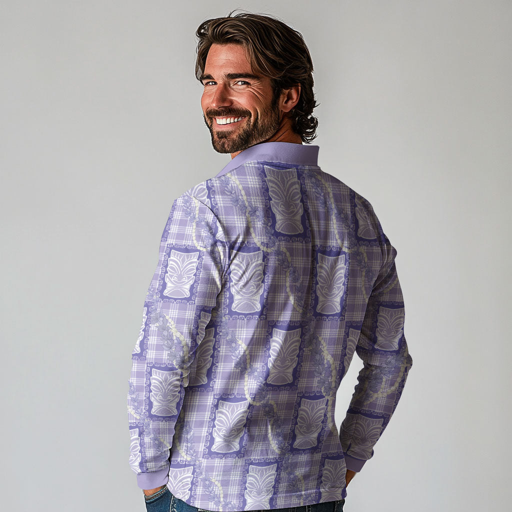 Aloha Hawaii Tiki Palaka Motifs Long Sleeve Polo Shirt Honohono Lei Purple Elegant Vibes LT14 - Polynesian Pride
