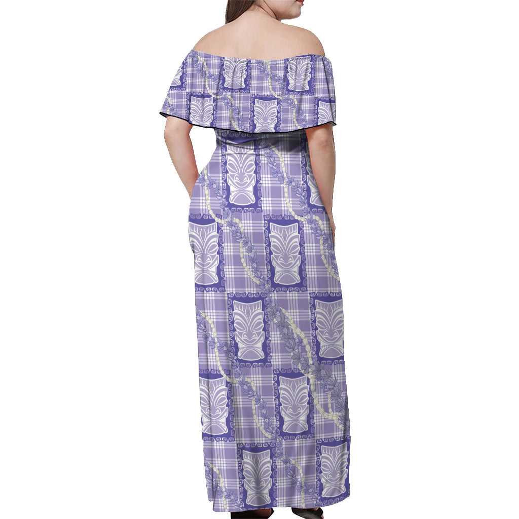 Aloha Hawaii Tiki Palaka Motifs Off Shoulder Maxi Dress Honohono Lei Purple Elegant Vibes LT14 - Polynesian Pride