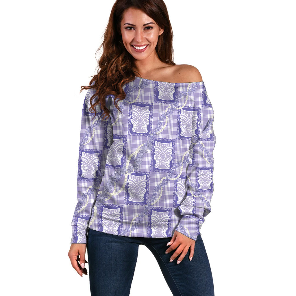Aloha Hawaii Tiki Palaka Motifs Off Shoulder Sweater Honohono Lei Purple Elegant Vibes LT14 Women Purple - Polynesian Pride
