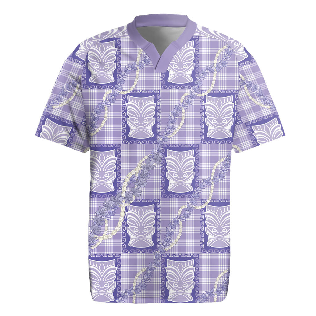 Aloha Hawaii Tiki Palaka Motifs Rugby Jersey Honohono Lei Purple Elegant Vibes