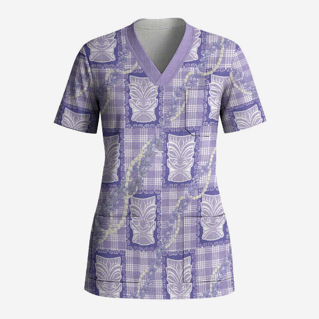 Aloha Hawaii Tiki Palaka Motifs Scrub Top Honohono Lei Purple Elegant Vibes