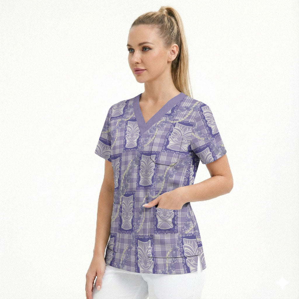 Aloha Hawaii Tiki Palaka Motifs Scrub Top Honohono Lei Purple Elegant Vibes LT14 - Polynesian Pride