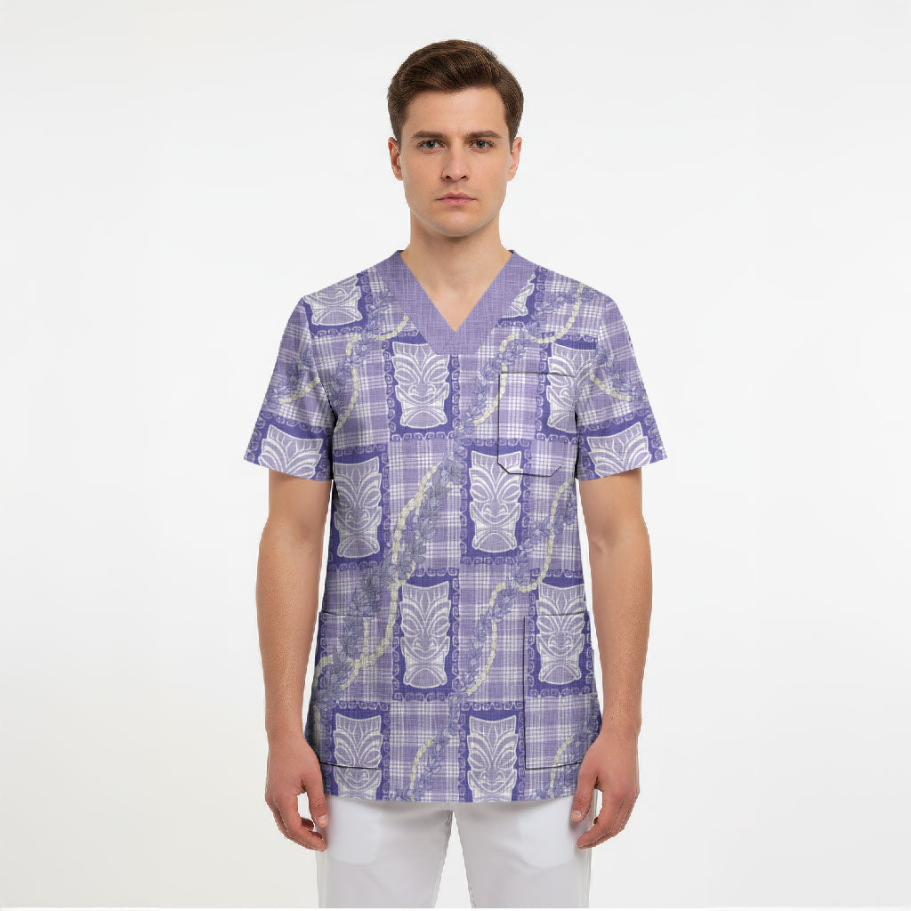 Aloha Hawaii Tiki Palaka Motifs Scrub Top Honohono Lei Purple Elegant Vibes LT14 - Polynesian Pride