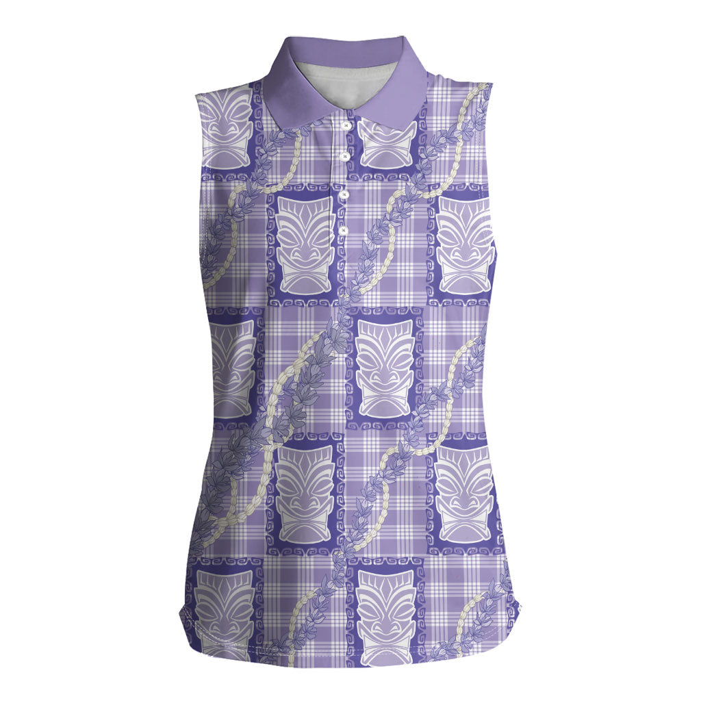 Aloha Hawaii Tiki Palaka Motifs Women Sleeveless Polo Shirt Honohono Lei Purple Elegant Vibes