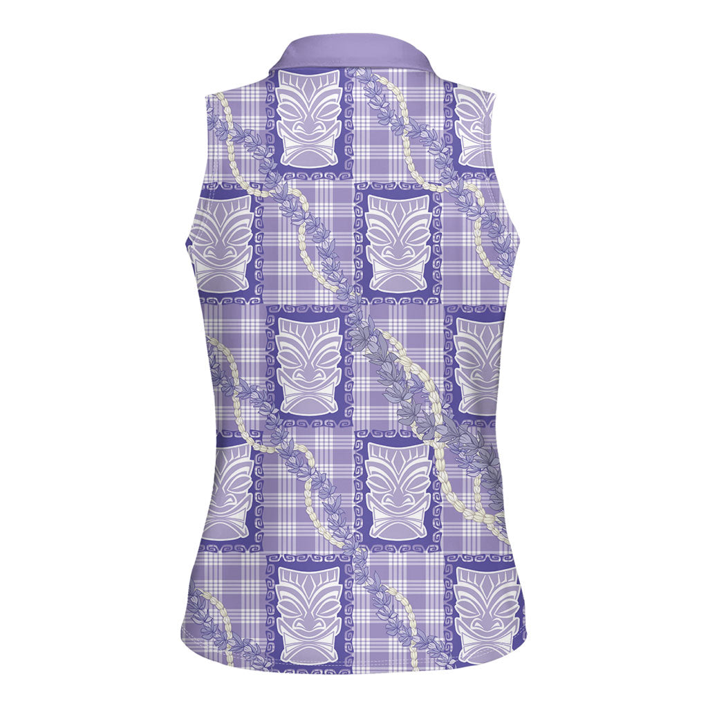 Aloha Hawaii Tiki Palaka Motifs Women Sleeveless Polo Shirt Honohono Lei Purple Elegant Vibes LT14 - Polynesian Pride