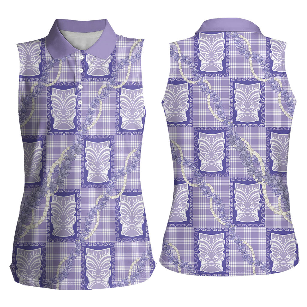 Aloha Hawaii Tiki Palaka Motifs Women Sleeveless Polo Shirt Honohono Lei Purple Elegant Vibes LT14 - Polynesian Pride
